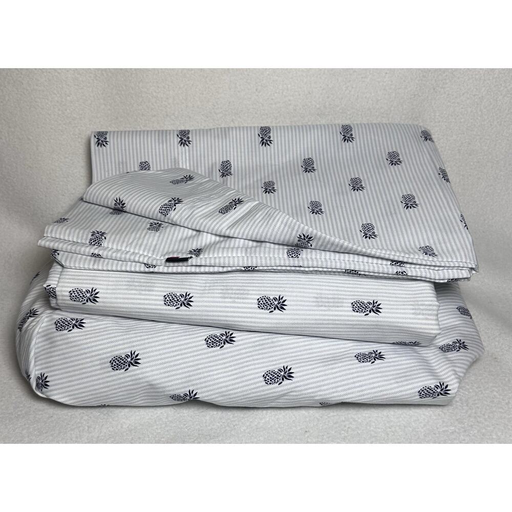 Tommy Hilfiger Twin Sheet Set Of 3 White Blue Stripes And Pineapple Pattern NWOT